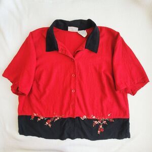 Vintage 90s Colorblock Boxy Top Size 20W Floral Embroidered Retro Linen Blend